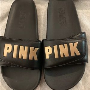 ***SOLD***VICTORIA'S SECRET BALCK AND GOLD SLIDES